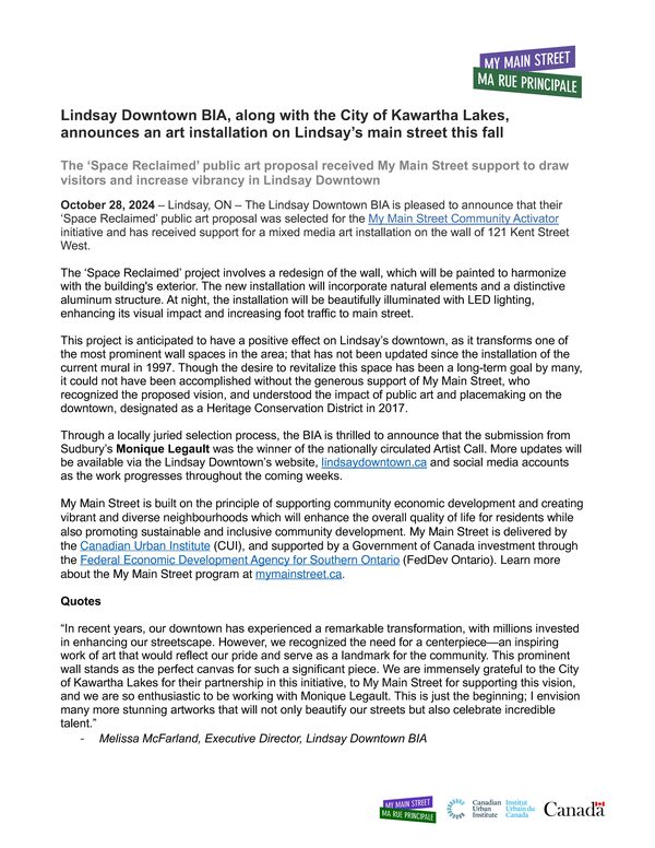 News Release - 'Space Reclaimed' public art proposal received My Main Street support